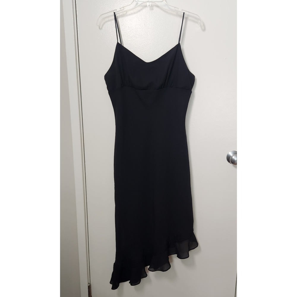 Black Asymmetrical Slip‎ Dress Chiffon Strappy Y2K 90s Ruffle HOCO Large Vtg